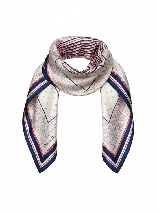 Dior ✨Cream, Navy & Red Silk Scarf - Picture 2 of 5